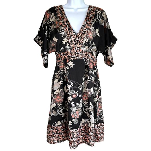 H&M Womens Boho Floral Kimono Sleeve Empire Waist Dress Black Size 10 Date Indie - Picture 1 of 9